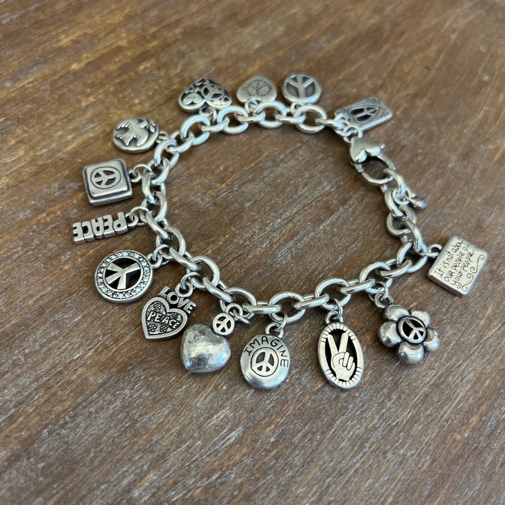 Brighton Silver Charm Bracelet with Peace and Love Symbols